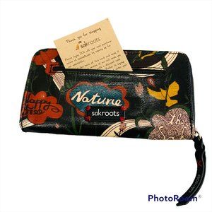 SAKROOTS Peace Floral Coated Canvas Zip Around Clutch Wallet BOHO Embroidered